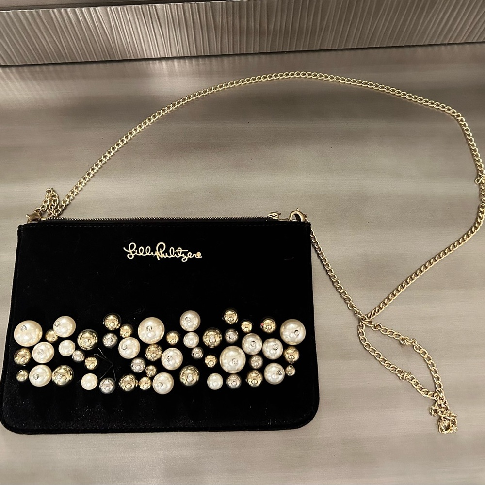 Lilly Pulitzer Onyx Velvet Cruisin Crossbody Clutch With Pearls